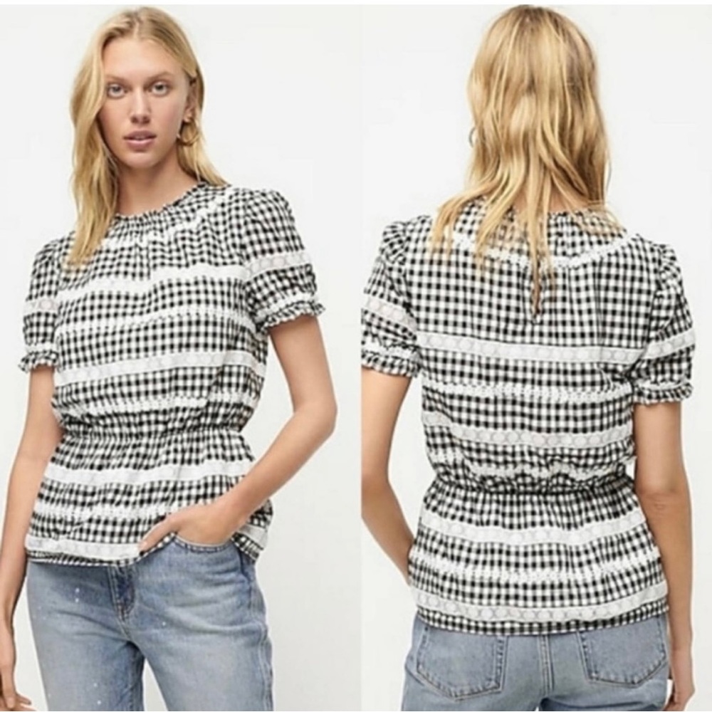J. Crew Black and White Gingham Short Sleeve Blouse